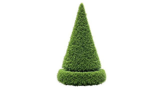 Conical topiary bush on white background, green boxwood cone plant for garden design, manicured evergreen shrub isolated for landscape architecture