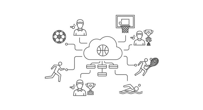 Line art illustration of various sports icons connected to a central cloud with a basketball, symbolizing sports data analysis and management.