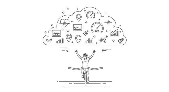 A man in a business suit balances on a tightrope with arms raised under a thought cloud filled with business and social media icons.
