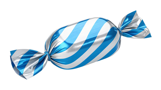 Blue and White Striped Hard Candy in Shiny Foil Wrapper Isolated on White