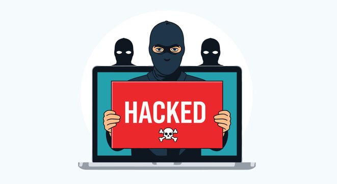 Cybercrime organization concept showing three masked hackers in balaclavas holding a red hacked sign with a skull and crossbones.