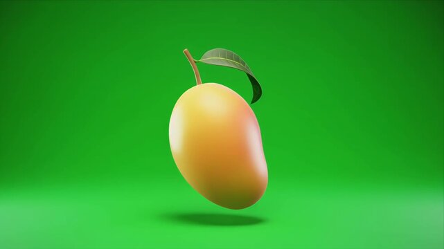 Floating Mango Fruit with Leaf Against Green Background.