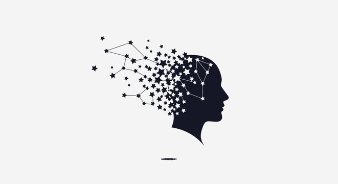 Silhouette of a human head dissolving into a constellation of stars and lines