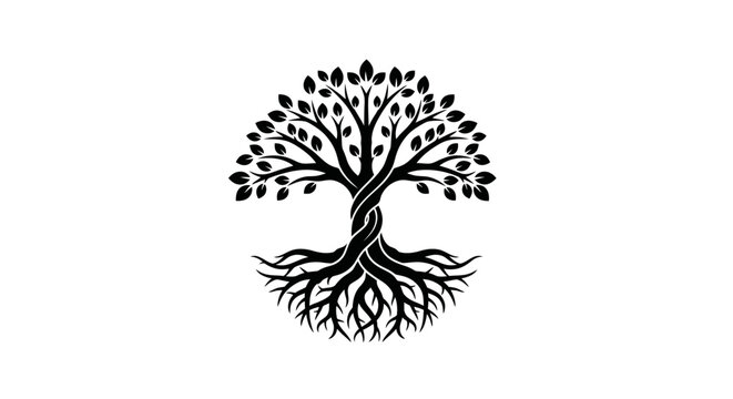 Stylized Tree of Life Silhouette with Roots and Branches on White Background
