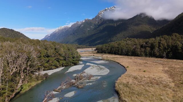 Aerial of Eglinton Valley River and Mountains Fiordland
