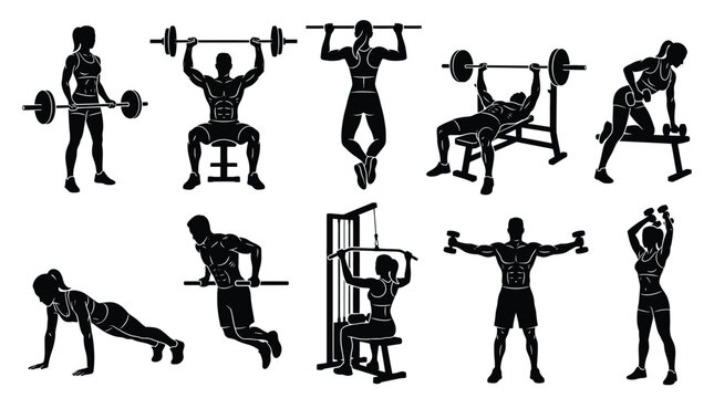 Set of silhouettes of people performing various strength exercises with barbells, dumbbells and gym equipment