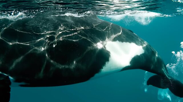 Extreme close-up of an orca gliding past the camera in a Norwegian fjord. Sunlight ripples across black-and-white skin patterns beneath the surface, capturing a powerful, intimate marine wildlife