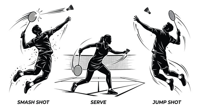 Badminton players set, smash shot, serve and jump shot, vector illustration
