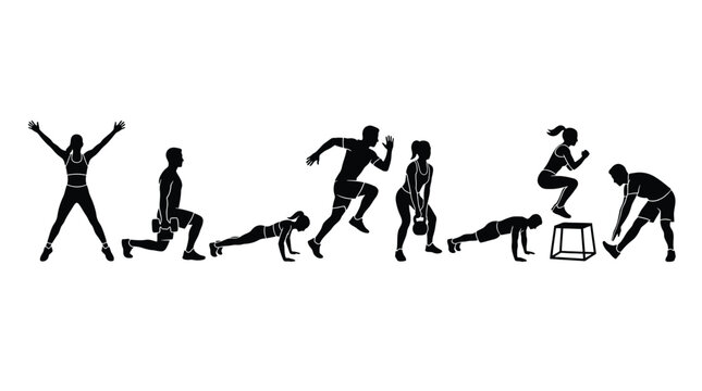 Set of silhouettes of people performing various fitness exercises, including jumping jacks, lunges, pushups, running, kettlebell swings, plank, box jumps, and stretching