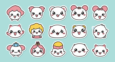 Fototapeta premium Cute cartoon animal faces with expressions.