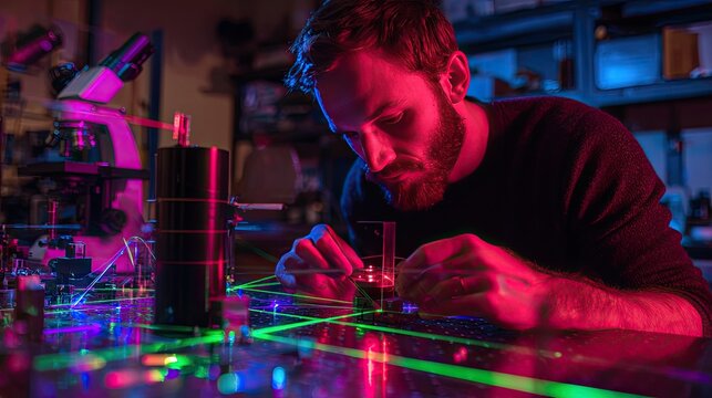 Man working with lasers and optics in a lab
