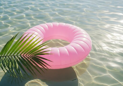 A vibrant pink inflatable pool ring floating in calm water next to a lush green palm tree leaf