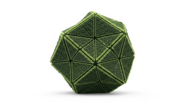 Geometric moss sculpture on white background, organic green polyhedral shape with triangular facets, natural mossy texture and eco-friendly design