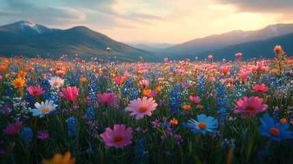 Fototapeta premium Colorful meadow at sunset with mountains. Lush vibrant flowers in full bloom