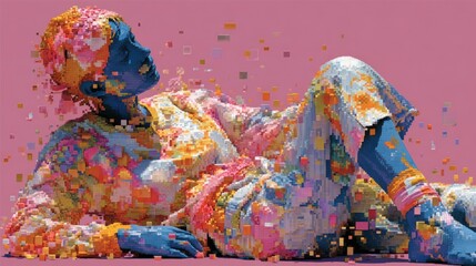 Fototapeta premium Blue-skinned person reclines amidst pixelated, colorful, floral patterns