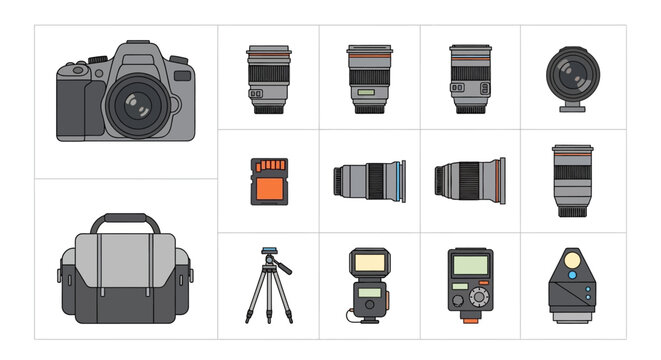 Photography Gear Icons: Camera, Lenses, Bag, Tripod