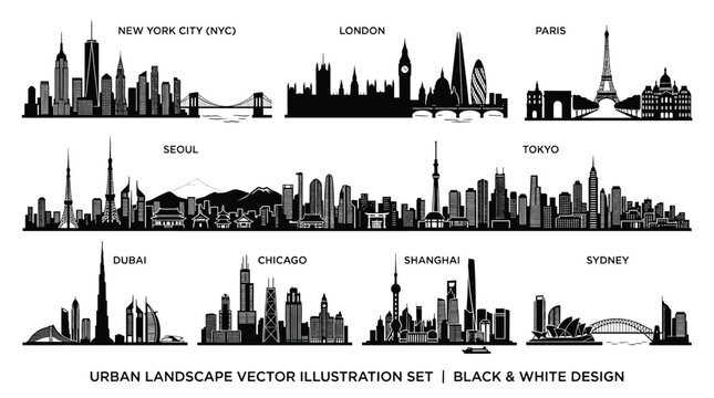 Urban landscape vector illustration set of famous city skylines in black and white design