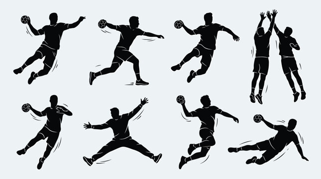 Set of handball players silhouettes in various poses, action shots of athletes playing handball with a ball