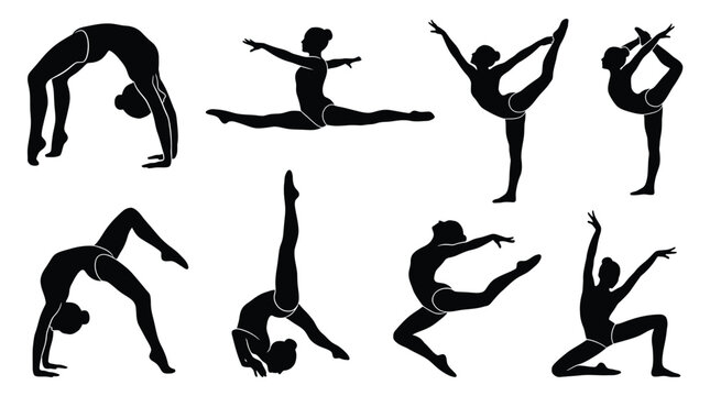 Set of silhouettes of a gymnast in various poses, artistic gymnastics, rhythmic gymnastics, vector illustration