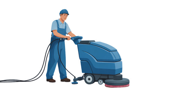 Man operating a floor scrubber machine in a clean workspace Vector