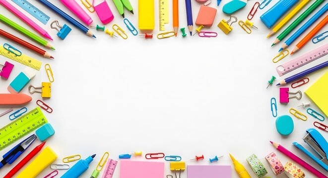 Colorful school supplies frame on white background, vibrant stationery border for back to school, creative office accessories flat lay with copy space