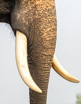 Close-up of an elephant's trunk and ivory tusks against an overcast, grey sky. Textured skin is visible