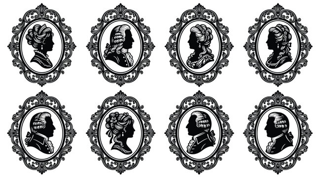 Set of vintage cameo silhouettes of noble men and women in ornate oval frames