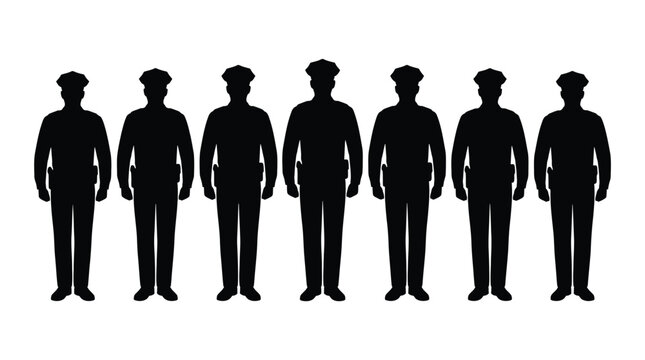 Silhouettes of seven police officers standing in a row, uniform with caps, law enforcement concept
