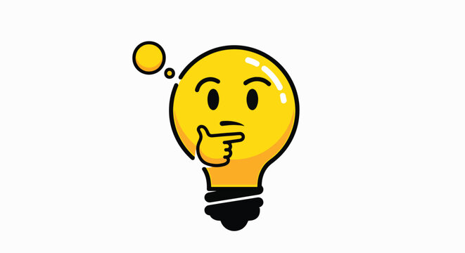 A cartoon lightbulb with a thoughtful expression and a questioning gesture on a plain white background with a simple, illustrative style and a warm, yellow dominant color.