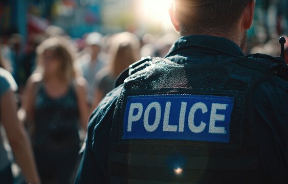 Officer in uniform with 'POLICE' patch oversees a blurred crowd