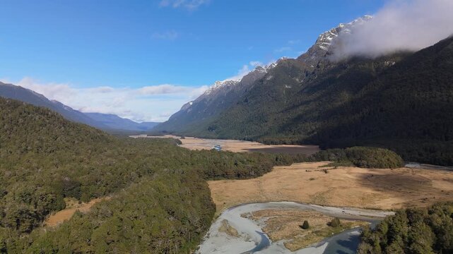 Aerial of Eglinton Valley Meander River and Snow Peak