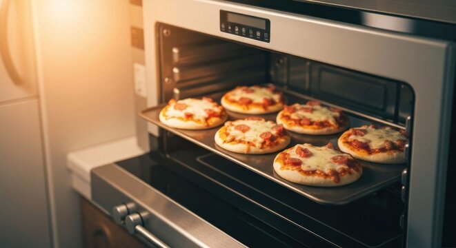 Mini pizzas baking inside a stainless steel oven with a warm, inviting glow