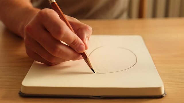 A hand holding a pencil drawing a line on a notebook page, captured in a close-up view on a wooden table