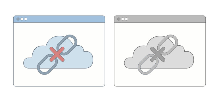 Broken link and disconnected cloud connection in a web browser window for error 404