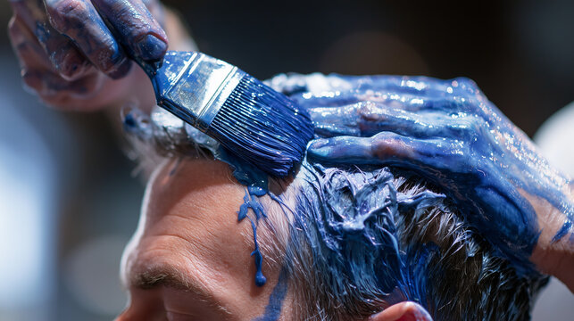 Hairdresser applying blue dye with a brush to a client's hair in a professional beauty salon.