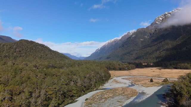 Aerial of Fiordland Eglinton Valley with Cloud and Snow