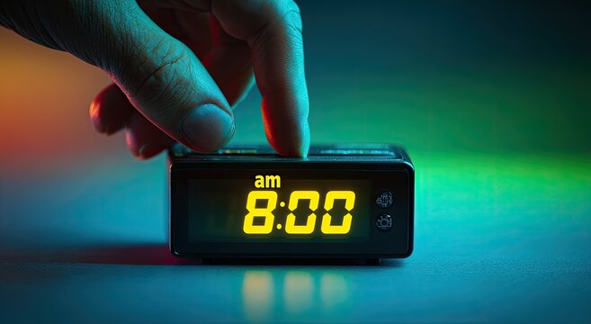 Hand pressing snooze button on digital alarm clock showing 8 -00 AM.