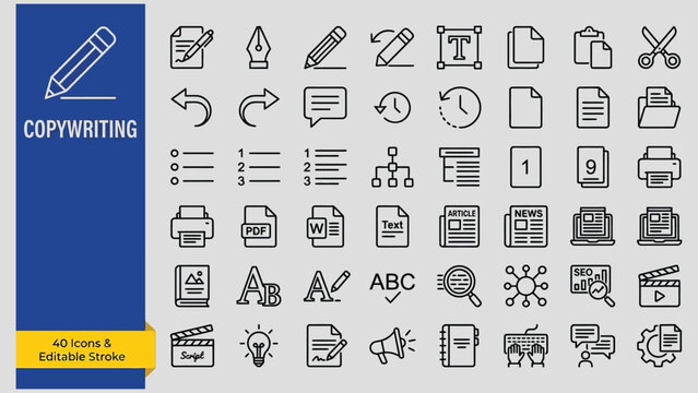 Copywriting web icons in line style. Document, writing, creative, signature, collection. Editable stroke - stock graphic.