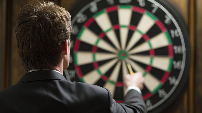 Businessman aiming a dart at a dartboard, representing focus, strategy, and achieving goals.