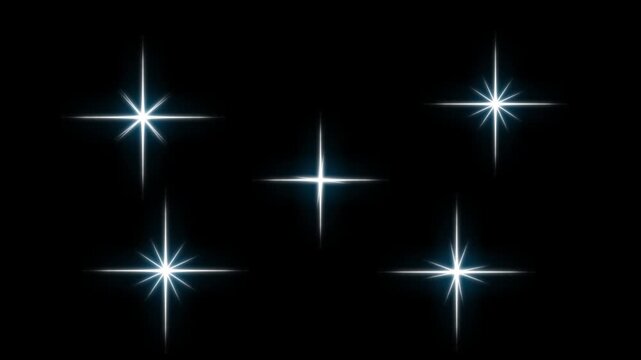 Twinkling white doodle stars shimmering with glitter sparkle and gentle blinking light, flat vector cartoon animation isolated on transparent black screen background for magical and festive 4K visuals