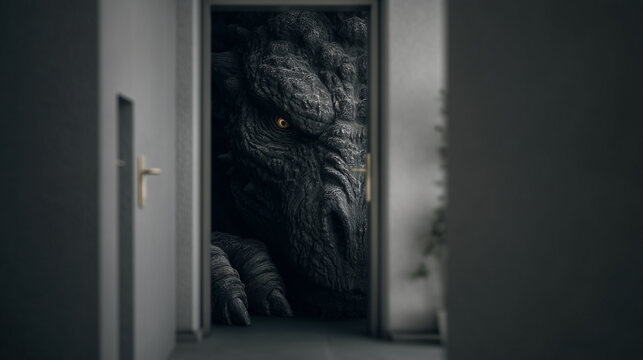 Dark reptile monster peeking through an open door in a mysterious horror fantasy scene.