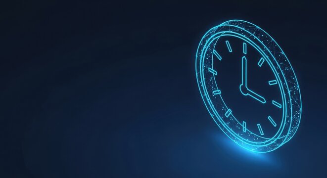 Glowing Neon Digital Clock Icon on Dark Futuristic Technology Background