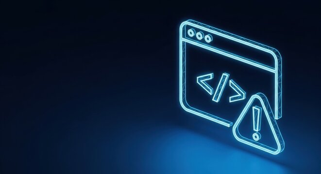 Neon illuminated code browser window with angled brackets on dark blue background symbolizing digital development and programming