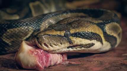 Fototapeta premium Large python snake eating meat in a natural wildlife scene, showing predator feeding behavior in close detail