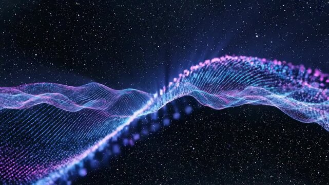 Futuristic Digital Wave with glowing blue and purple particles forming a terrain under a starry sky for technology presentations and sci-fi backgrounds.