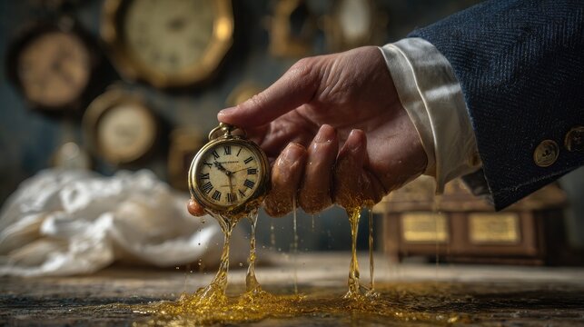 A Hand Holds a Melting Pocket Watch, Symbolizing the Passage of Time.