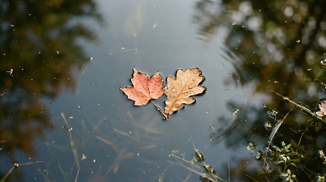 Autumn Maple Leaves Floating on Water in Natural Pond Scene