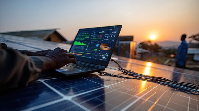 Person monitors solar energy system on rooftop at sunset