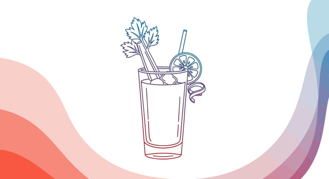 Hand-drawn cocktail with celery and lemon slice, refreshing drink illustration on white background