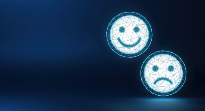 Digital smiley and frowny faces representing emotions and feedback on a dark background